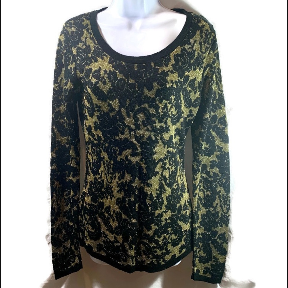 2B Bebe Womans Size Medium Black And Gold Embellished Long Sleeve Sweater New